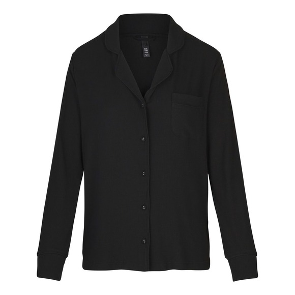 NWOT SKIMS Soft Lounge Ribbed Pajama Top Large Black Long Sleeve Button Down
